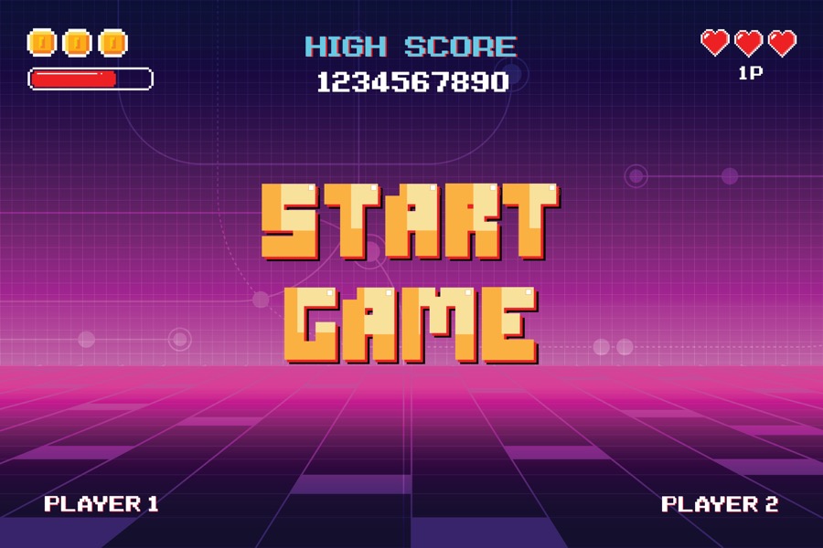 Retro pixel-art arcade start screen with a high score counter