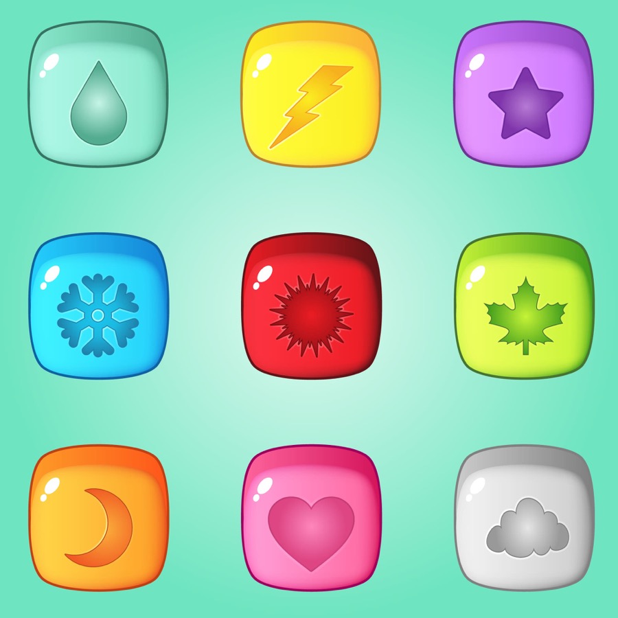Colourful glossy match-3 puzzle tiles on a mint background