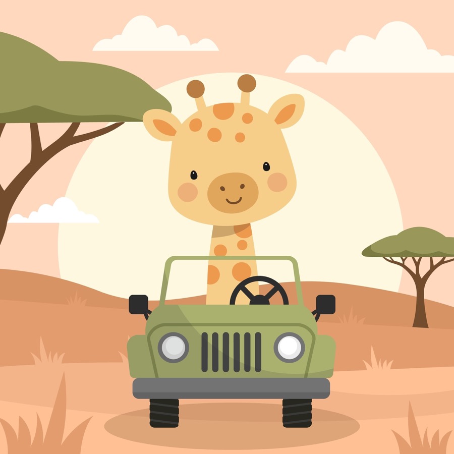 Friendly cartoon giraffe driving a jeep across a savannah