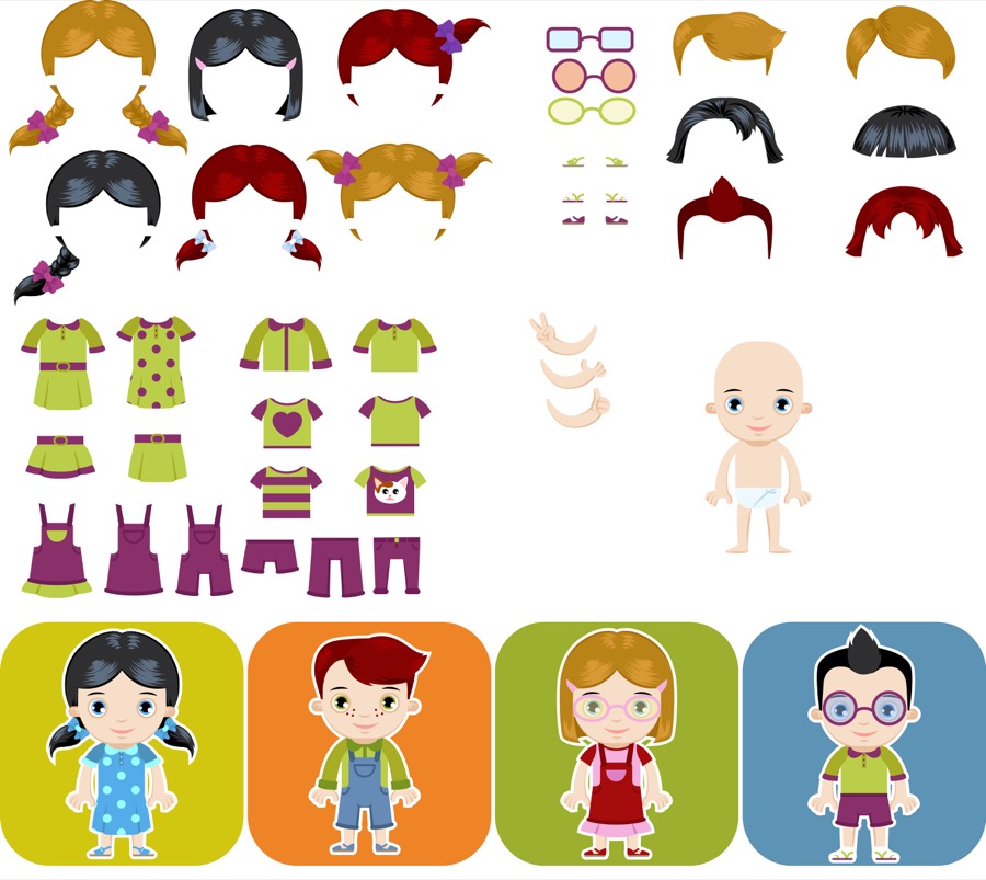 Dress-up game wardrobe with hairstyles, outfits and characters