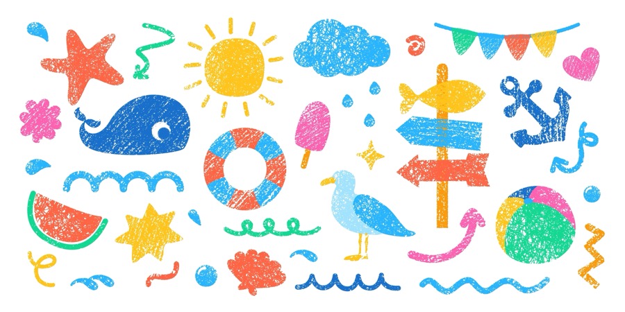 Hand-drawn crayon doodles of sea creatures, sun and beach shapes
