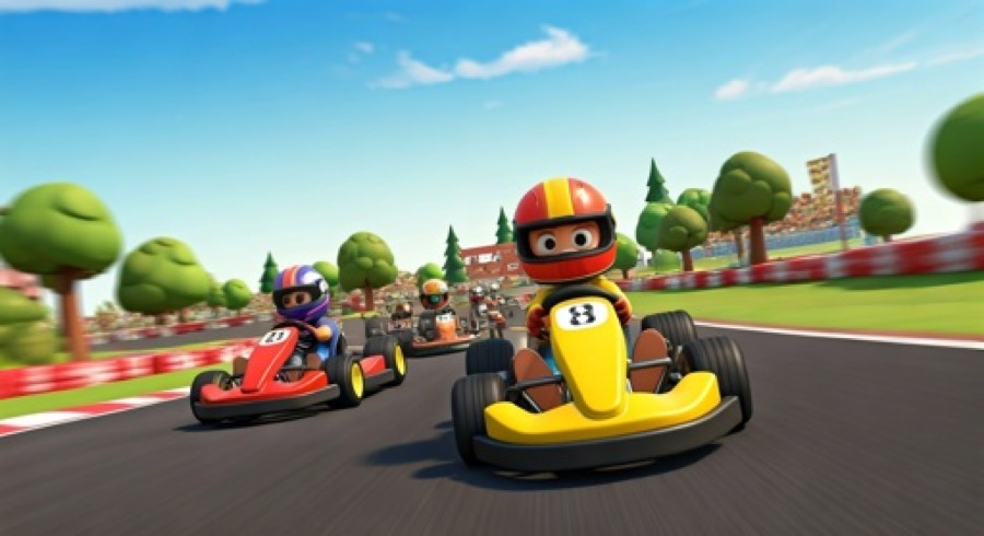 Cartoon go-karts racing around a sunny circuit