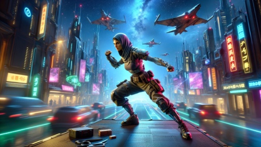Stylised action heroine on a neon-lit futuristic street
